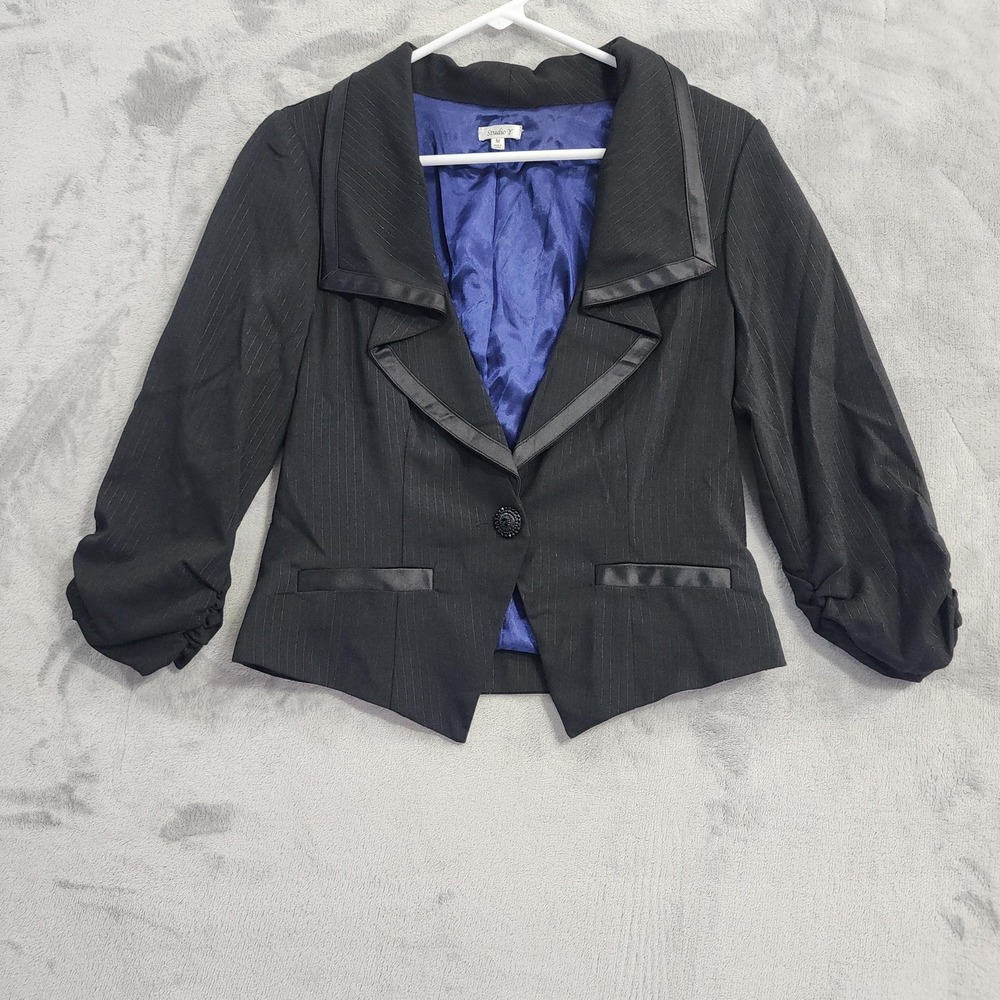 Vintage Studio Y Blazer Womens M Black Pinstripe Satin Trim Ruched Sleeve Office